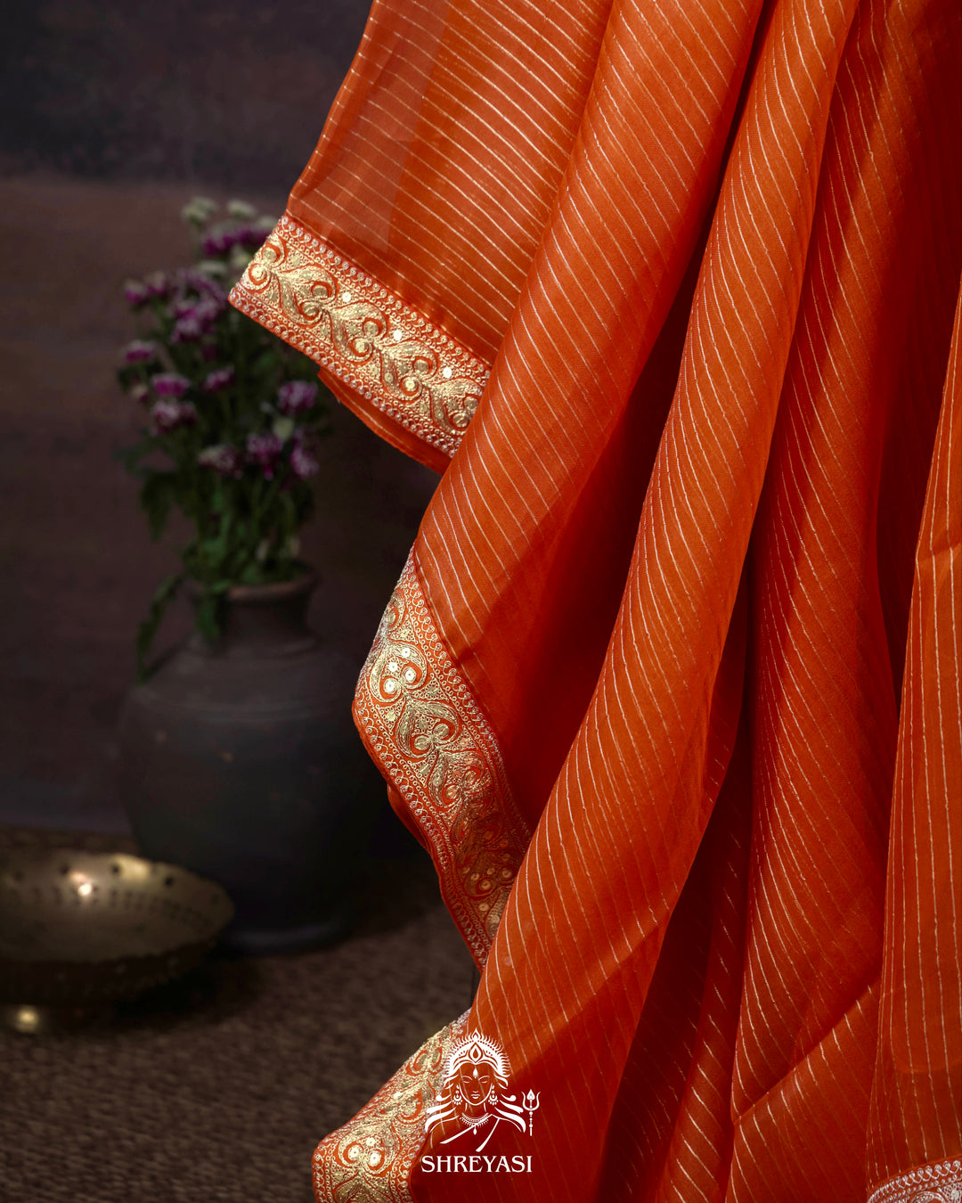 Pure Organza Silk Saree in Orange with Embroidered Border