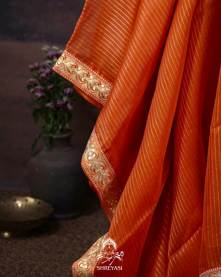 Pure Organza Silk Saree in Orange with Embroidered Border