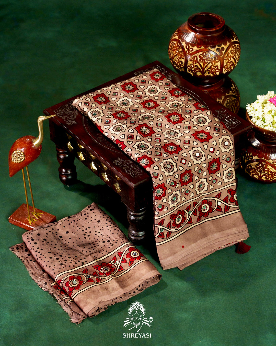 Mirror Work Pure Modal Silk Ajrakh Hand Block Printed Saree | Naturally Dyed Artisan Collection