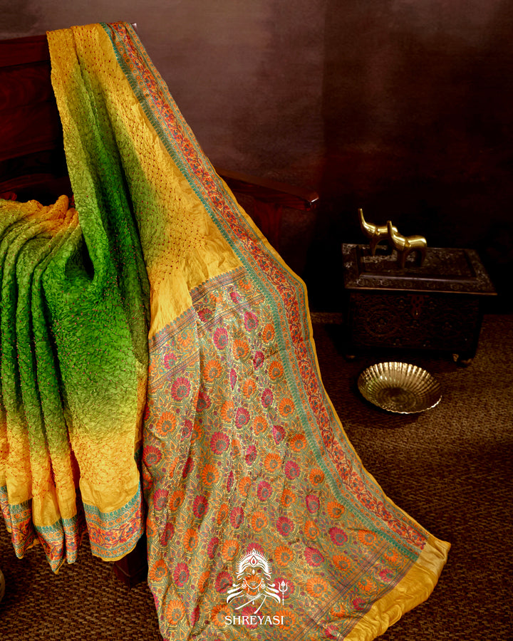 Hand Knotted Bandhej Tussar Silk Saree with Meenakari Weaving