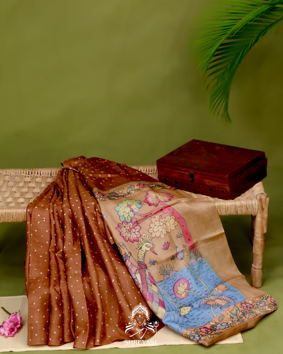 Handloom Pure Tussar Silk Saree with Hand Knotted Bandhej and Pen Kalamkari Pallu and Blouse