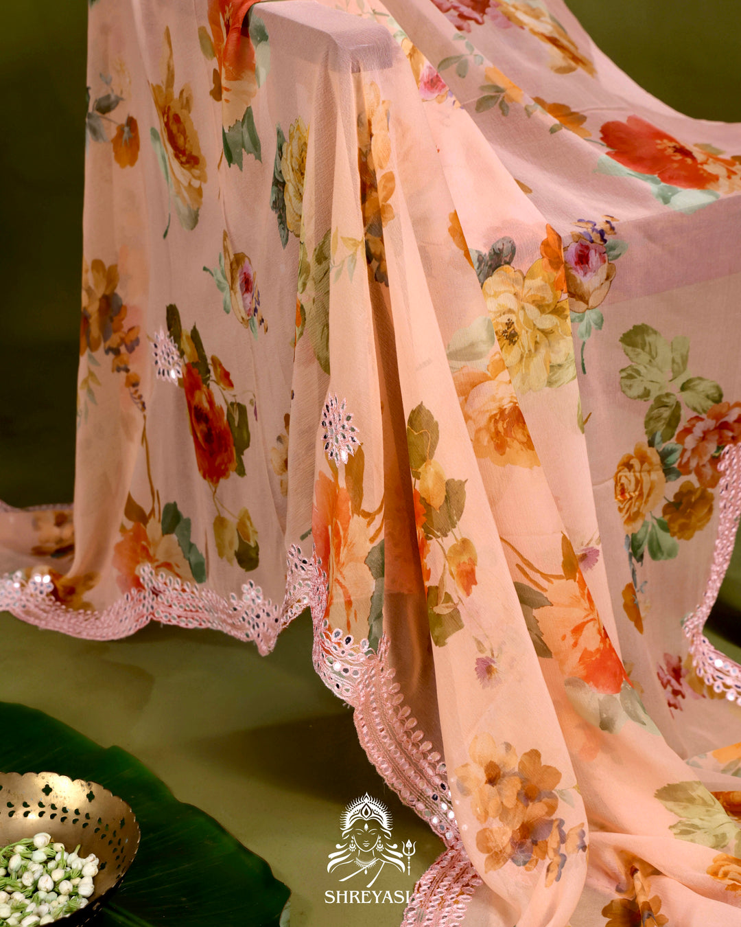 Floral Chiffon Georgette Saree with Scalloped Mirror Embroidery