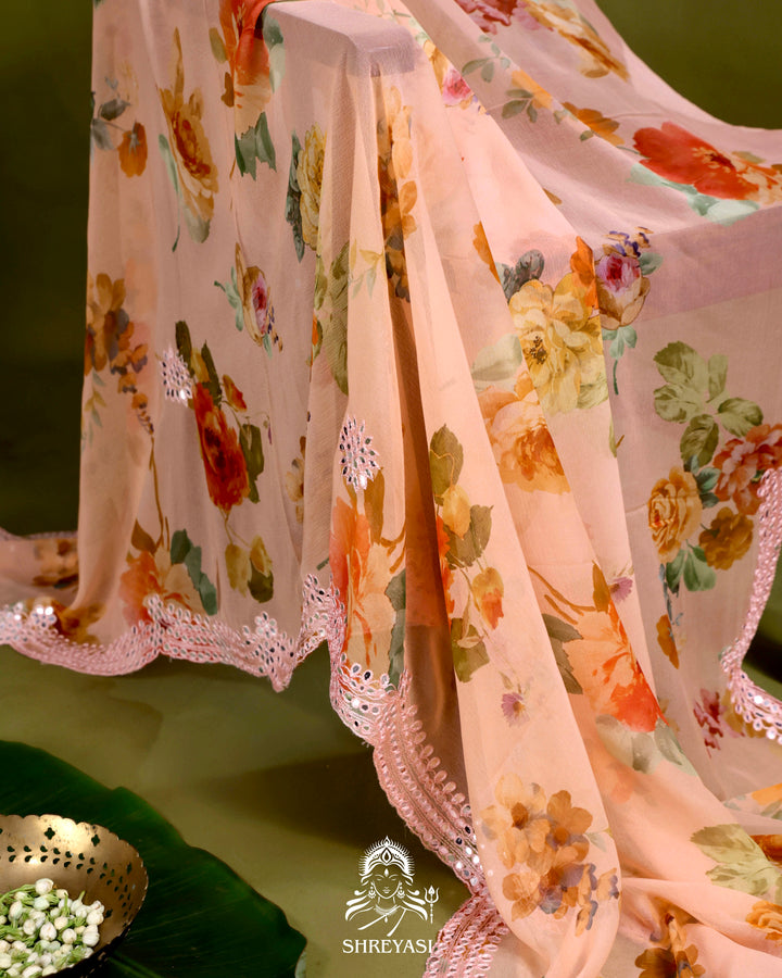 Floral Chiffon Georgette Saree with Scalloped Mirror Embroidery