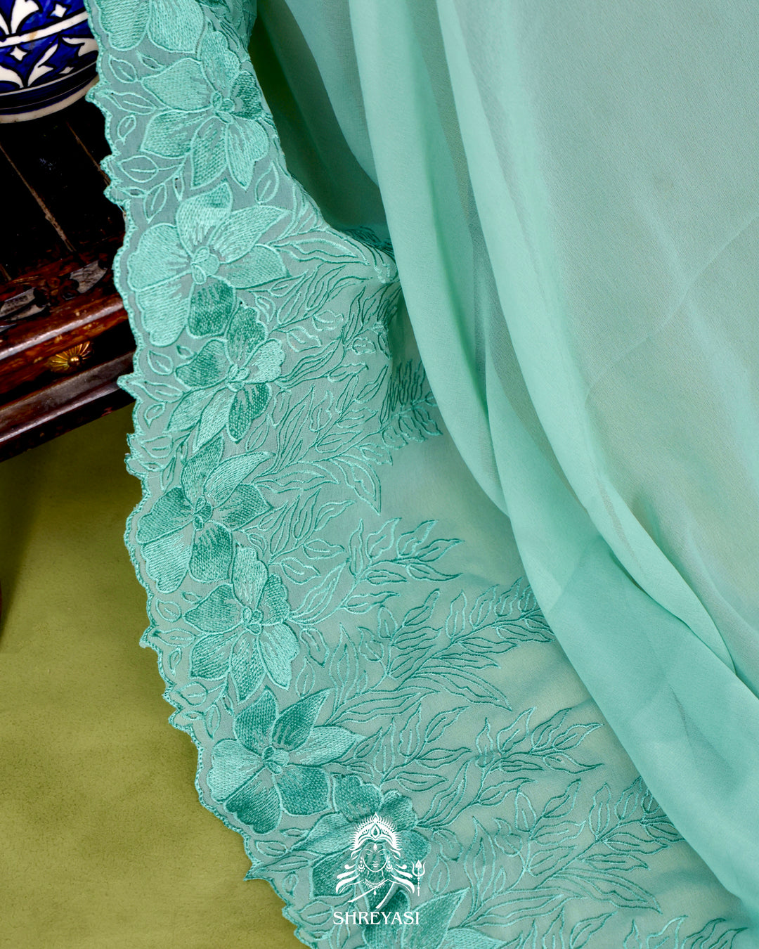 Soft Georgette Saree with Floral Thread Embroidery Border