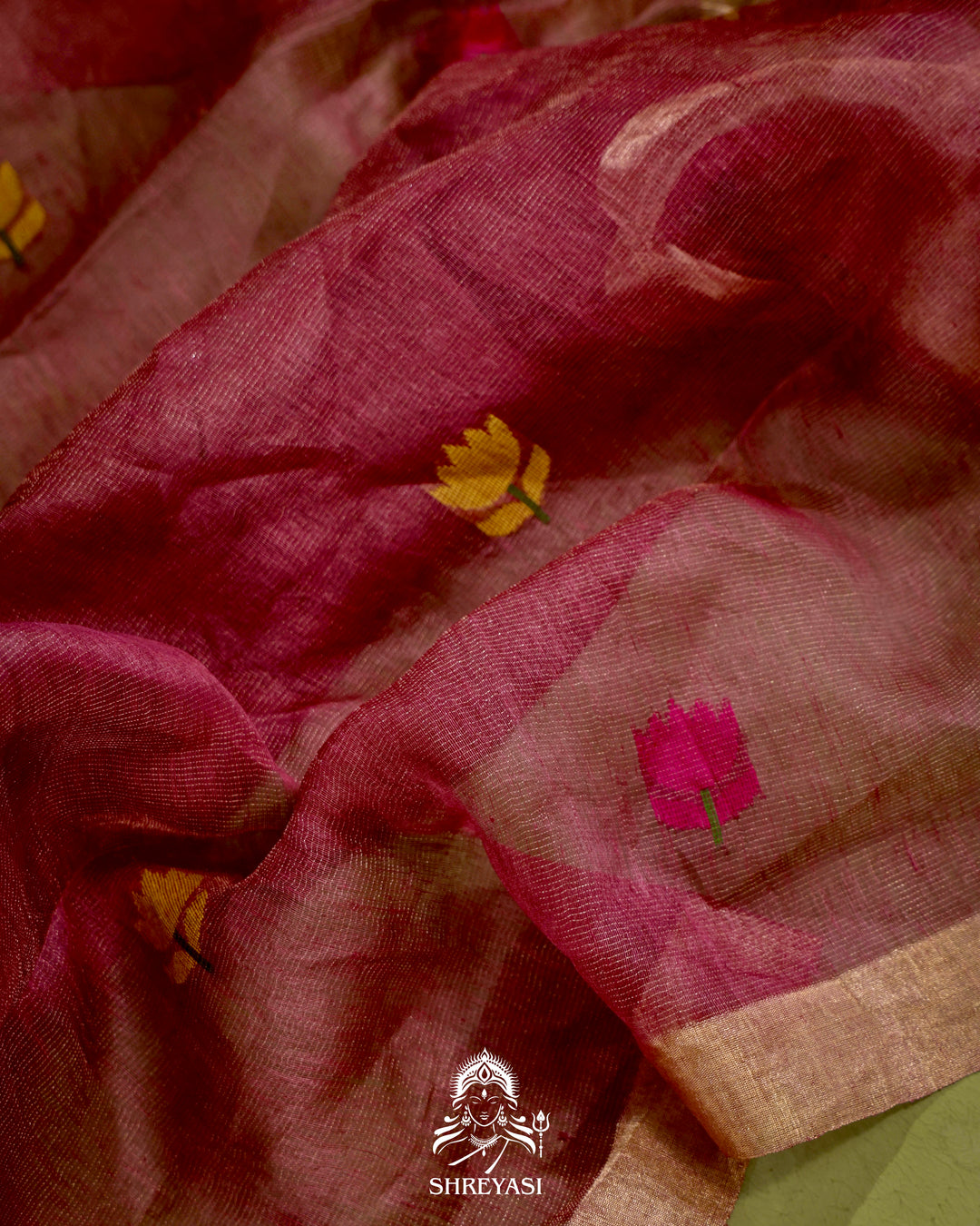 Handloom Silk Linen Jamdani Saree with Tissue Paithani Pallu