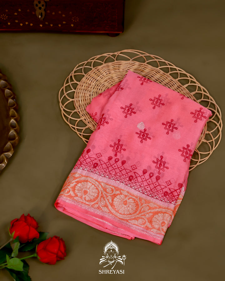 Banarasi Khaddi Chiffon Georgette Saree with Hand Block Motifs