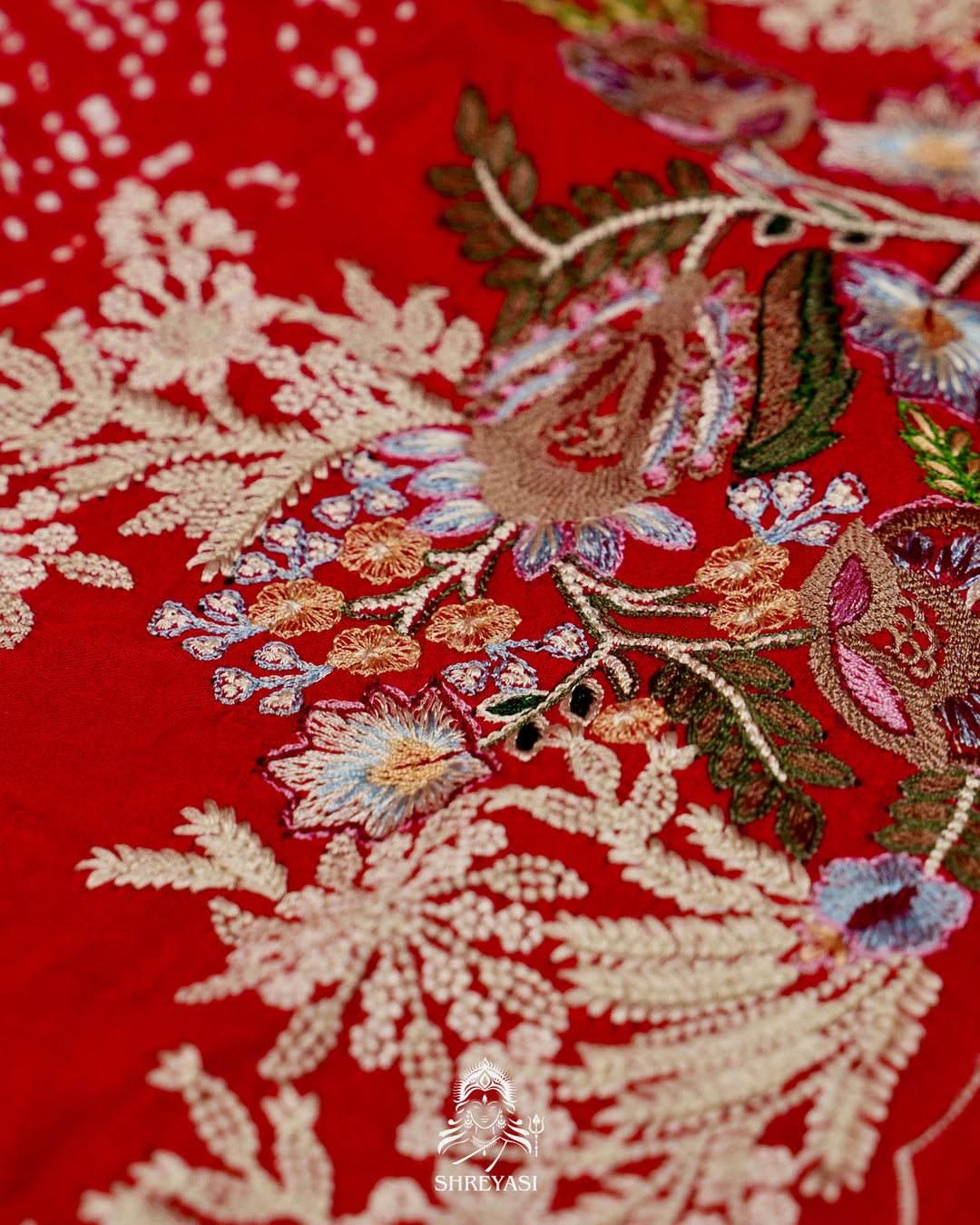Handloom Pure Gaji Silk Bandhej Saree with Floral Embroidery in Scarlet Red