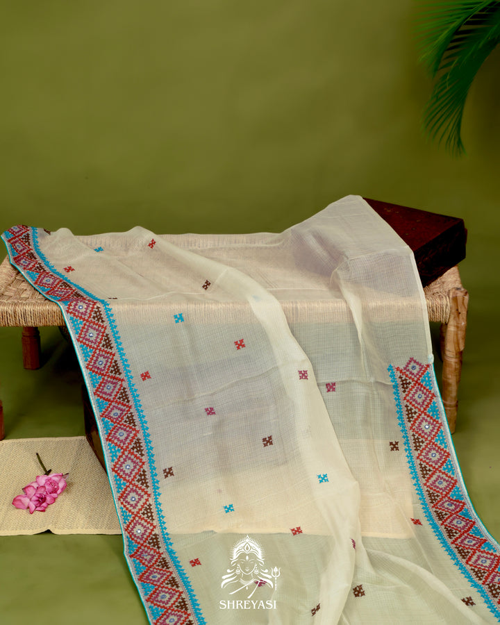 Handloom Pure Tussar Kota Saree with Kutch Hand Embroidery and Mirror Work