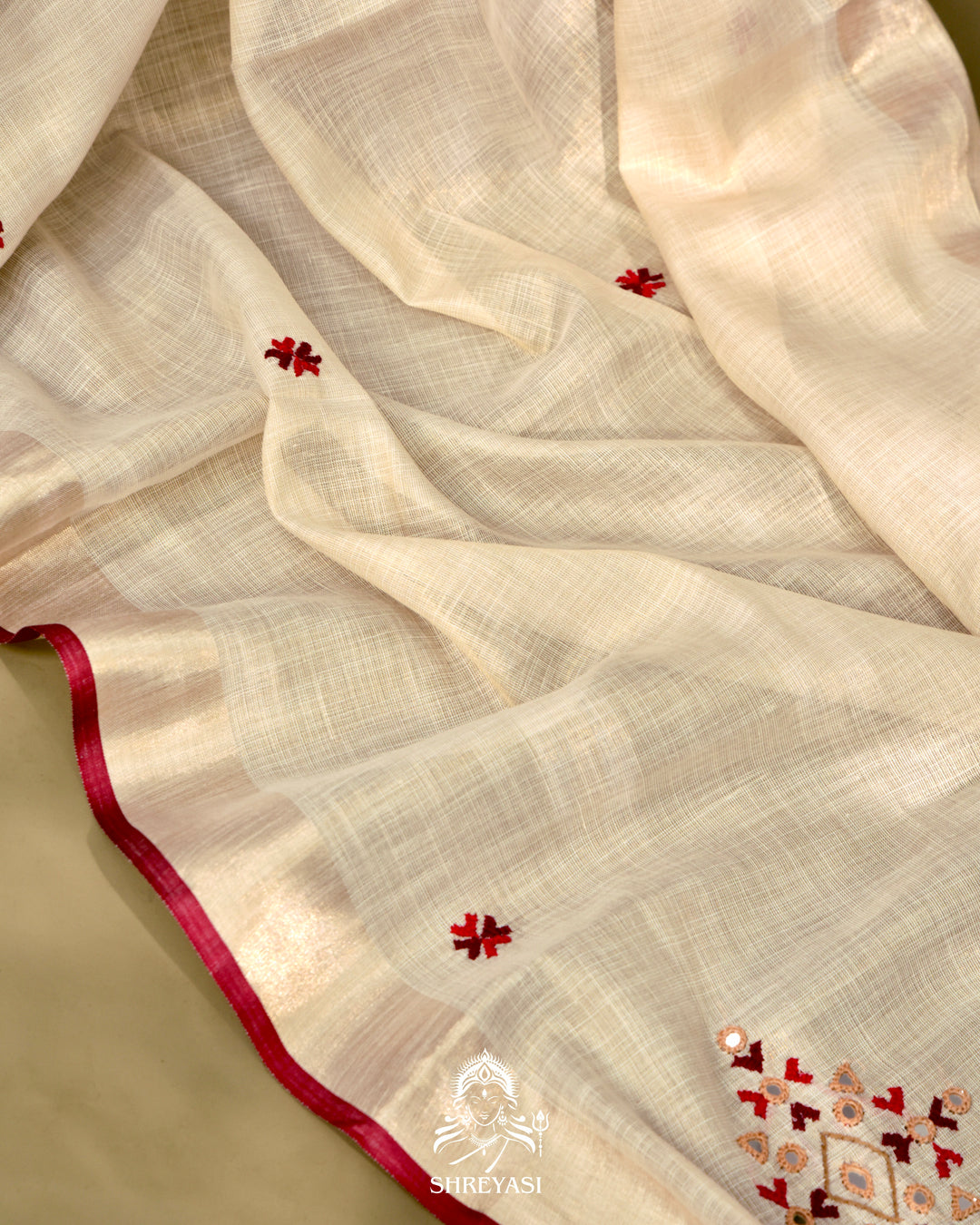 Bengal Linen Tissue Saree with Kathiyawadi Mirror Embroidery
