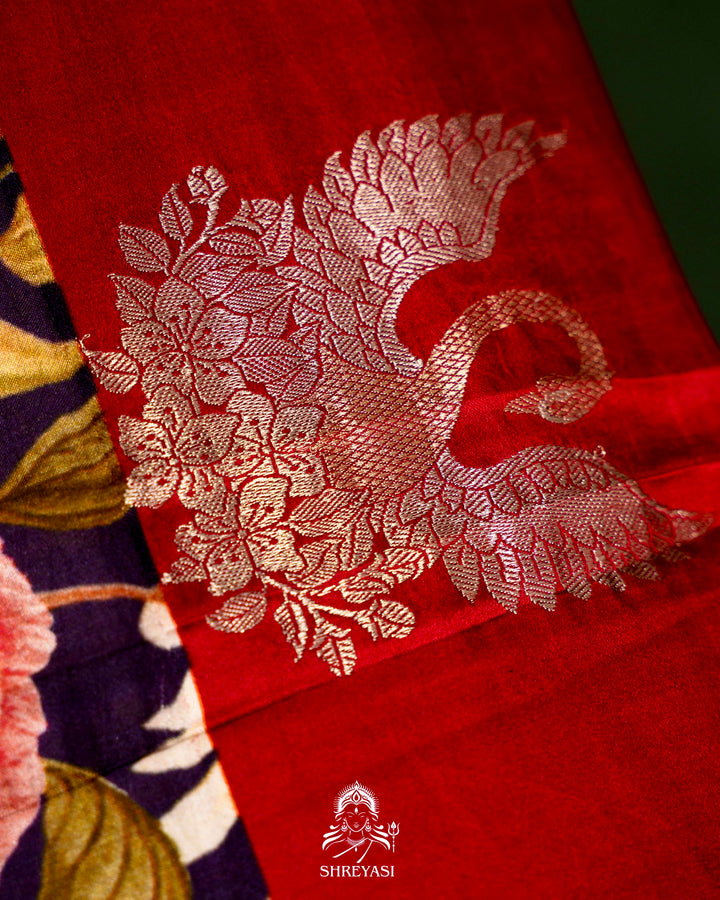 Handloom Pure Banarasi Silk Saree with Floral Print and Mashru Border