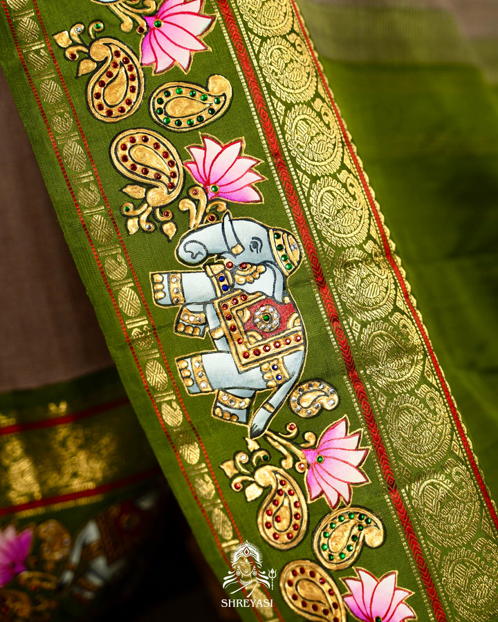 Traditional Tanjore Painting on Handloom Pure Kanjivaram Silk Sarees with Real Zari