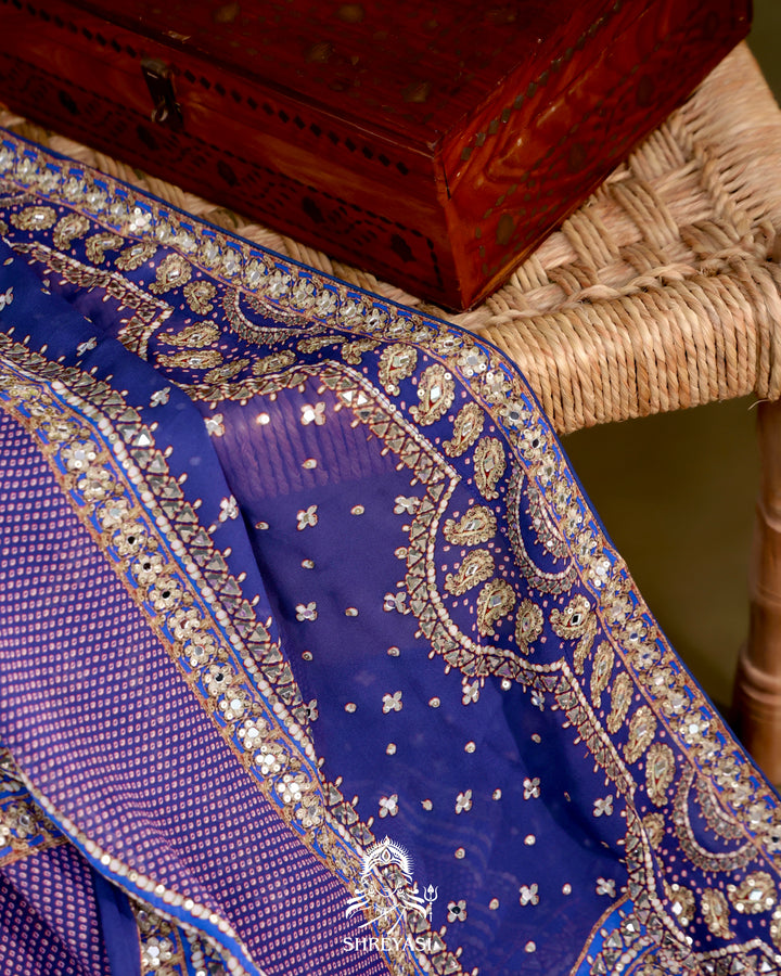 Georgette Cocktail Saree with Mukaish and Zardozi Mirror Embroidery
