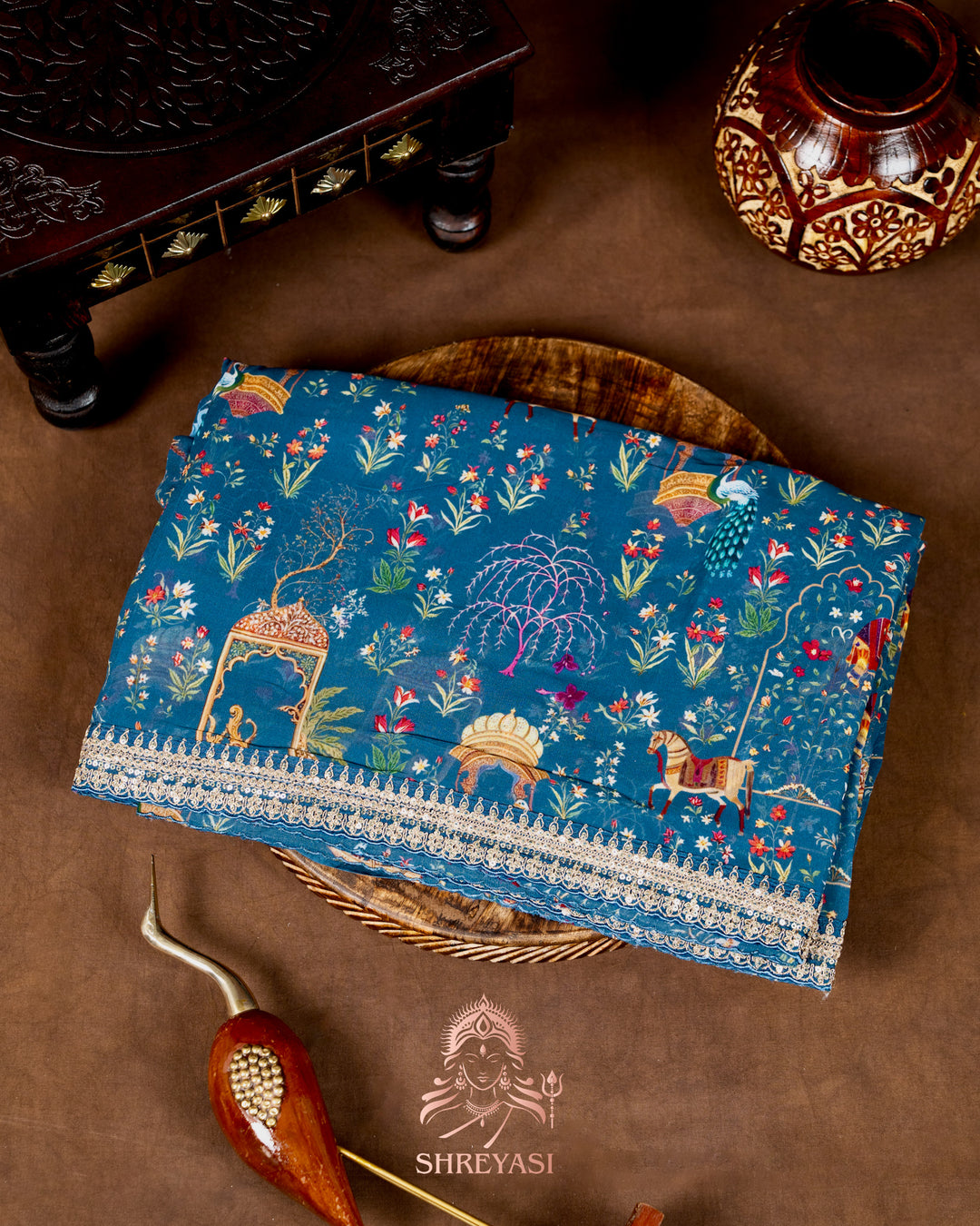 Mughal Garden Print Crepe Chinon Saree with Embroidered Border