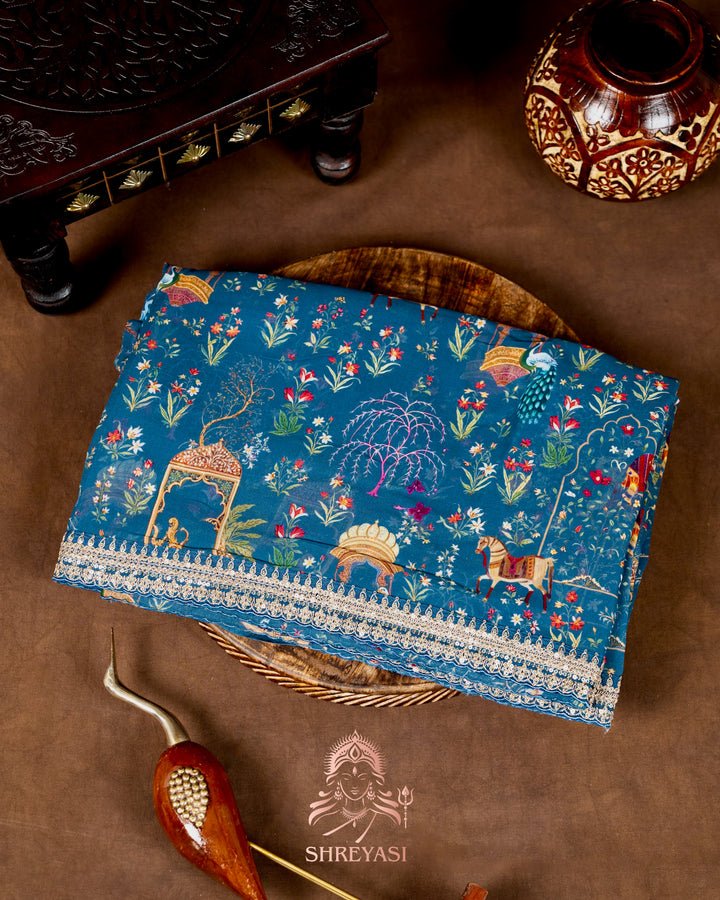Mughal Garden Print Crepe Chinon Saree with Embroidered Border