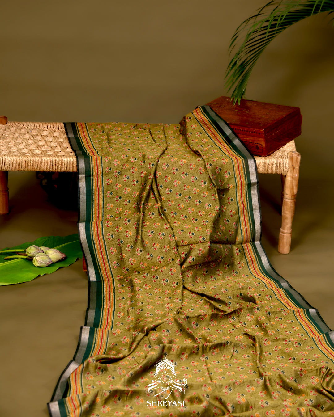 Olive Green Crystal Cotton Saree