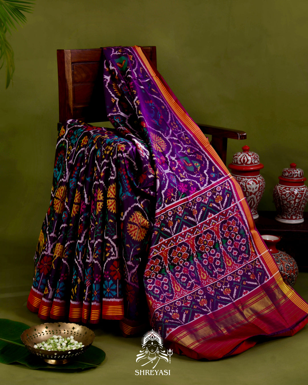 Handloom Rajkot Patola Silk Saree in Deep Violet with Multicolor Ikat