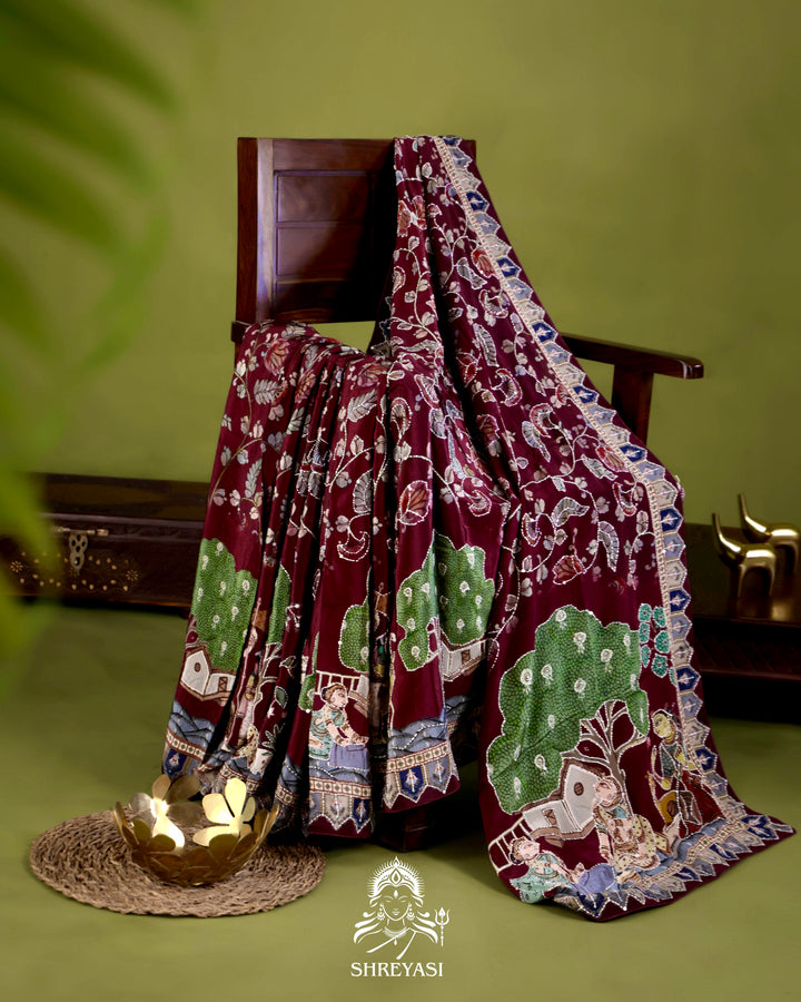 Pure Crepe Silk Saree with Kantha Embroidery