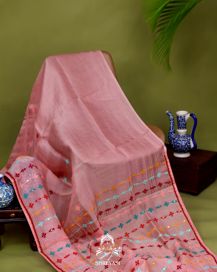 Pure Organza Silk Saree with Hand Embroidered Kutchi Shisha Mirror Work