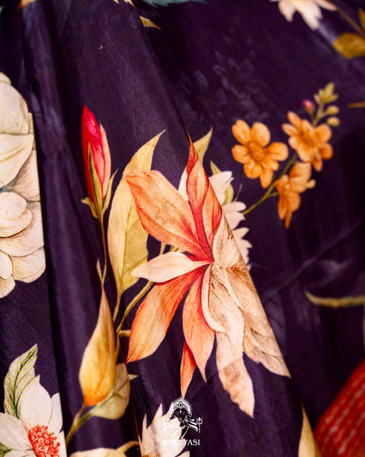 Handloom Pure Banarasi Silk Saree with Floral Print and Mashru Border