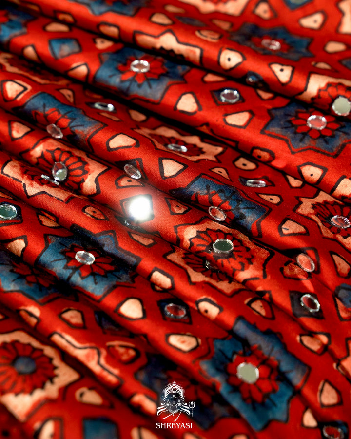 Mirror Work Pure Modal Silk Ajrakh Hand Block Printed Saree | Naturally Dyed Artisan Collection