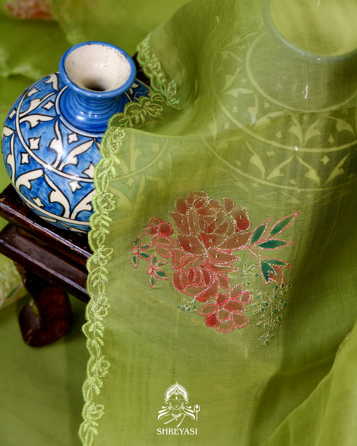 Hand Painted Floral Pure Organza Silk Saree with Pita Embroidery
