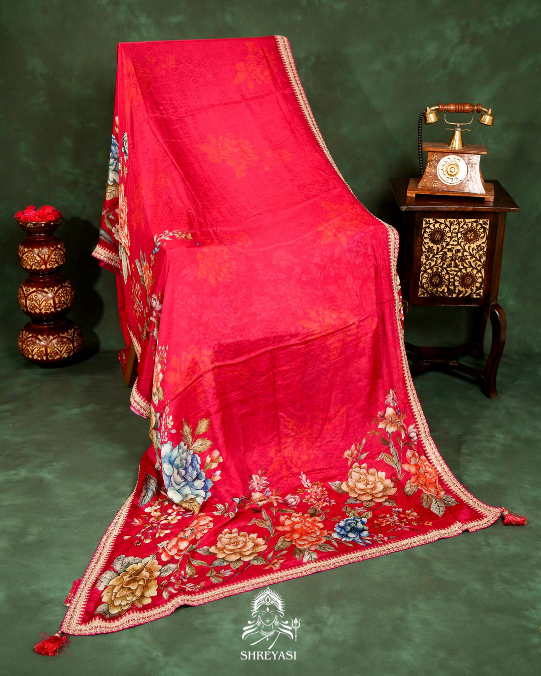 Floral Crepe Chiffon Saree with Embroidered Borders