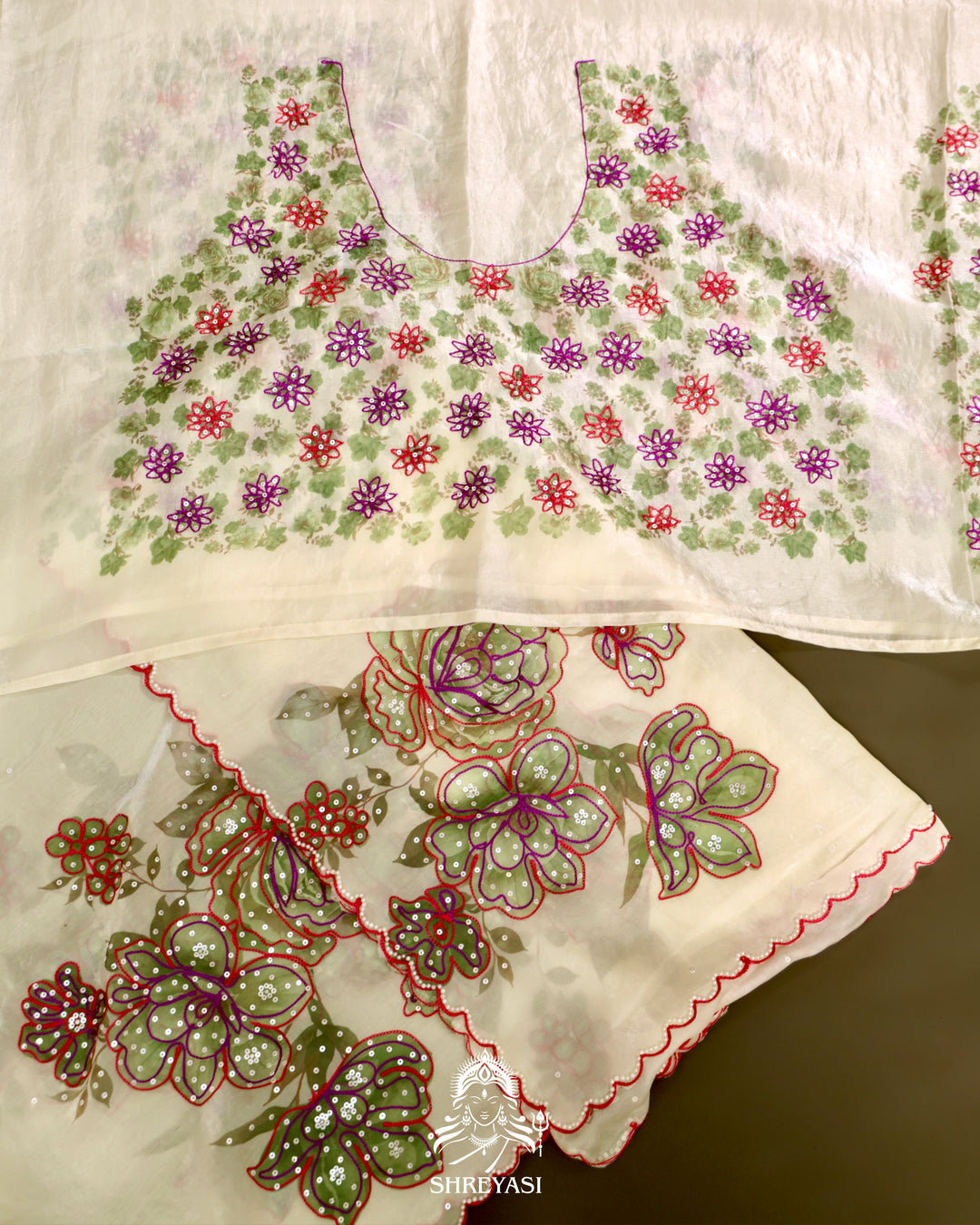 Glass Tissue Saree with Floral Print and  Embroidery