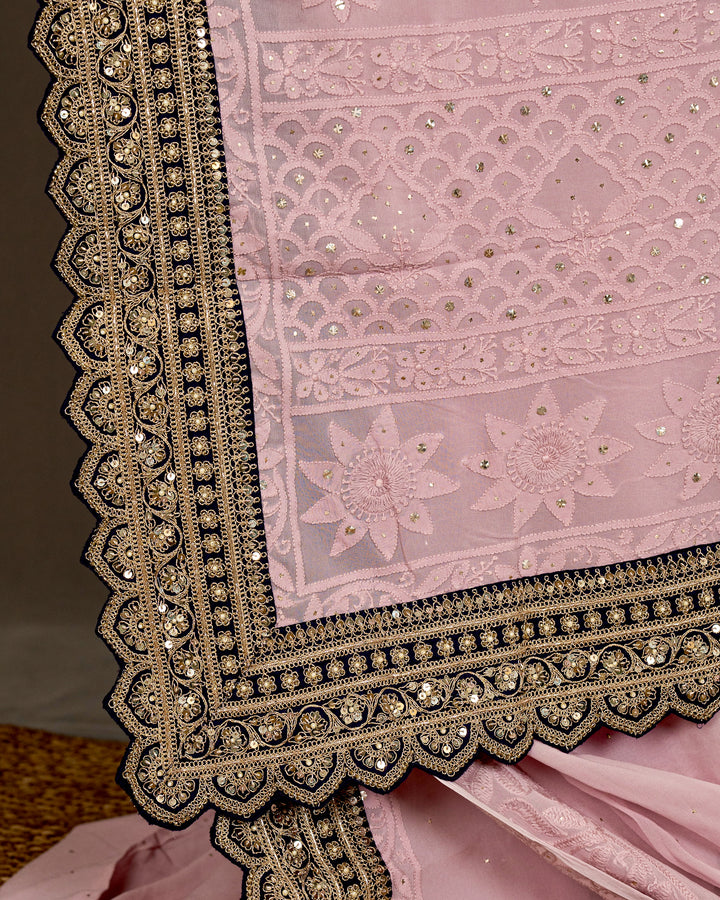 Hand Embroidered Chikankari Pure Georgette Saree with Scalloped Embroidered Borders and Contrast Banaras Blouse