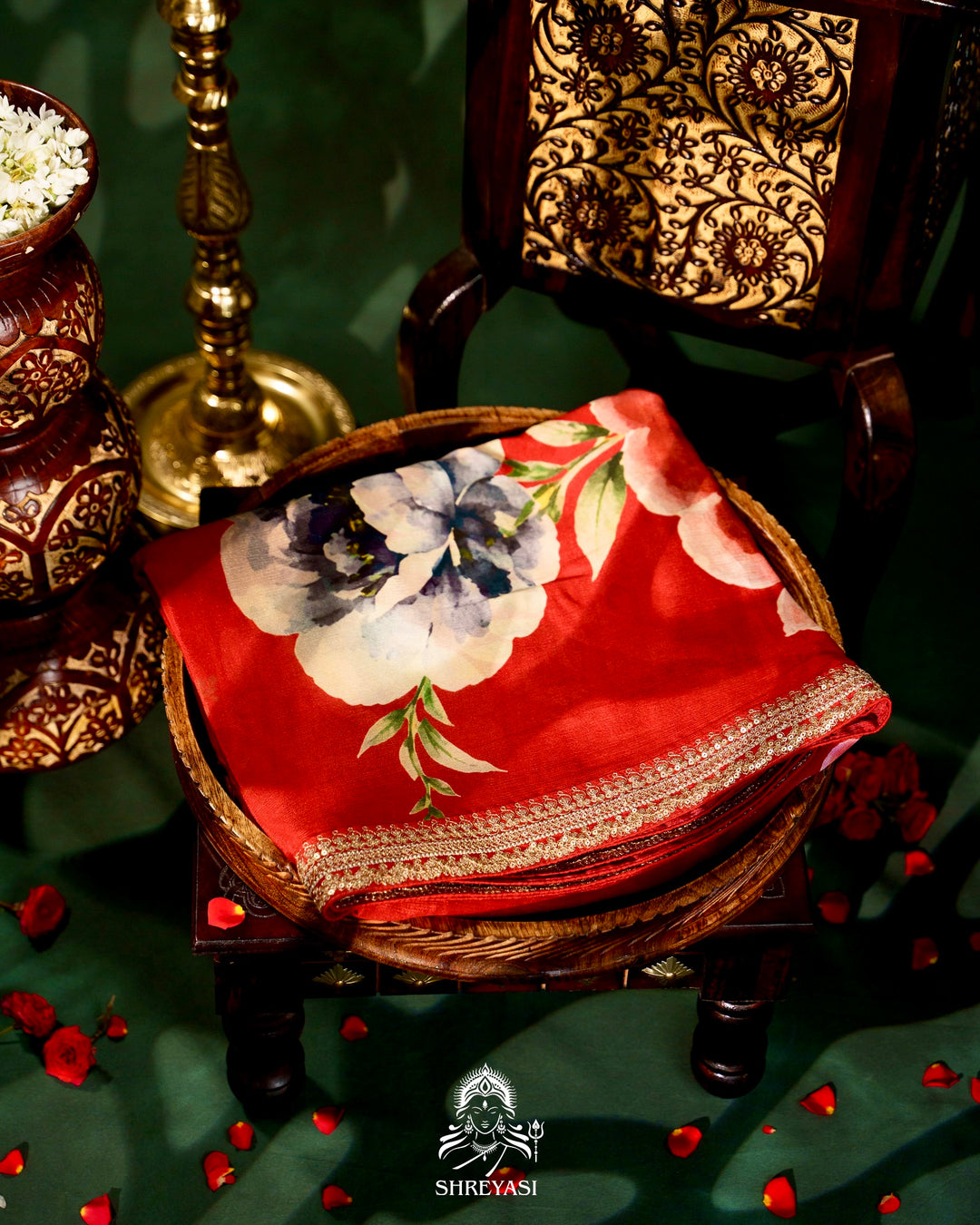 Pure Chinon Satin Silk Saree with Floral Print & Embroidered Border