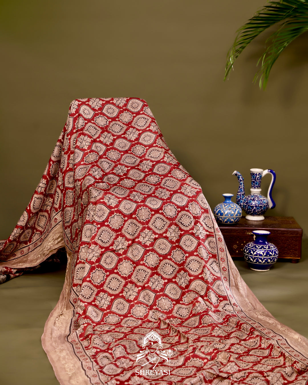 Hand Block Printed Ajrakh Dola Silk Saree with Zari Brocade Blouse