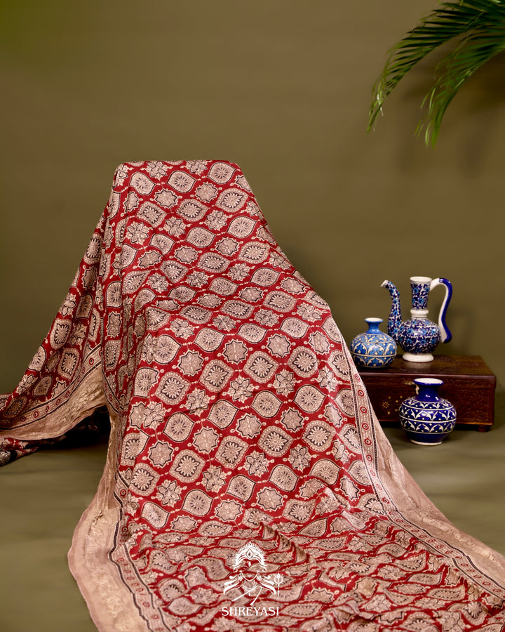 Hand Block Printed Ajrakh Dola Silk Saree with Zari Brocade Blouse
