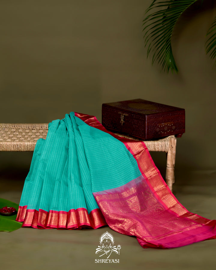 Handloom Pure Gadwal Cotton Saree with Contrast Silk Border and Zari Pallu