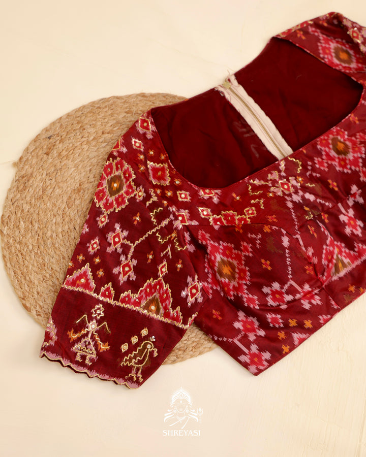 Rajkot Patola single ikat silk blouse with geometric motifs and pita embroidery