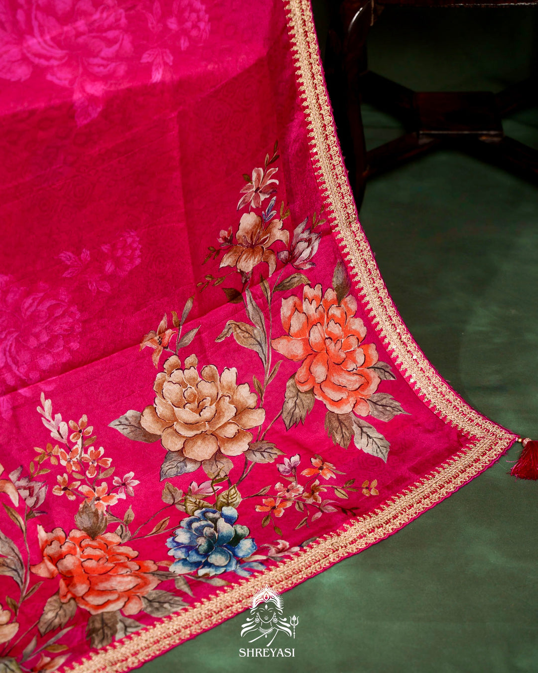 Floral Crepe Chiffon Saree with Embroidered Borders