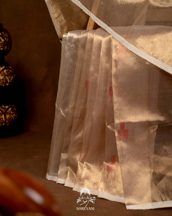 Handloom Pure Chanderi Tissue Silk Saree with Woven Bhutis and Striped Blouse