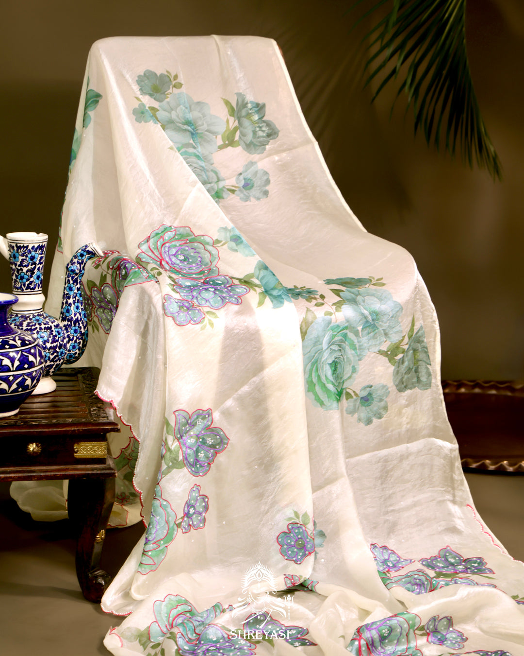 Glass Tissue Saree with Floral Print and  Embroidery