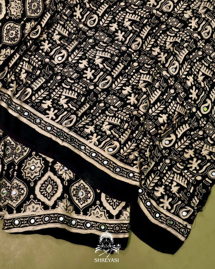 Ajrakh Hand Block Printed Pure Modal Silk Saree With Mirror Work