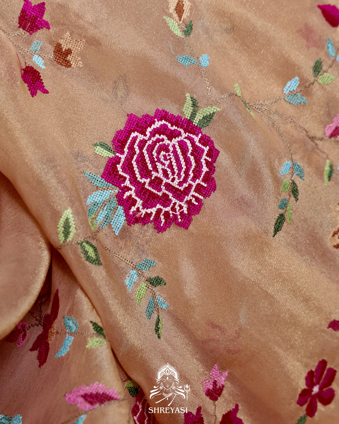 Handloom Pure Tissue Silk Saree with All Over Petit Point Embroidery and Chantilly Lace Borders
