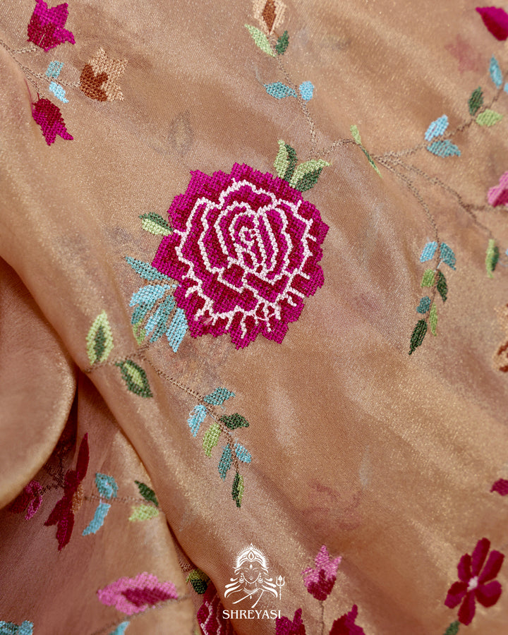Handloom Pure Tissue Silk Saree with All Over Petit Point Embroidery and Chantilly Lace Borders