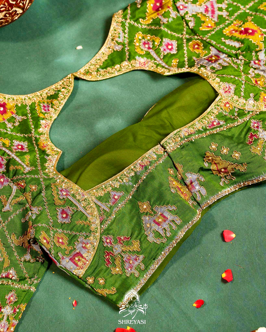 Handloom Pure Single Ikat Rajkot Patola Silk Blouse with Rich Hand Embroidery