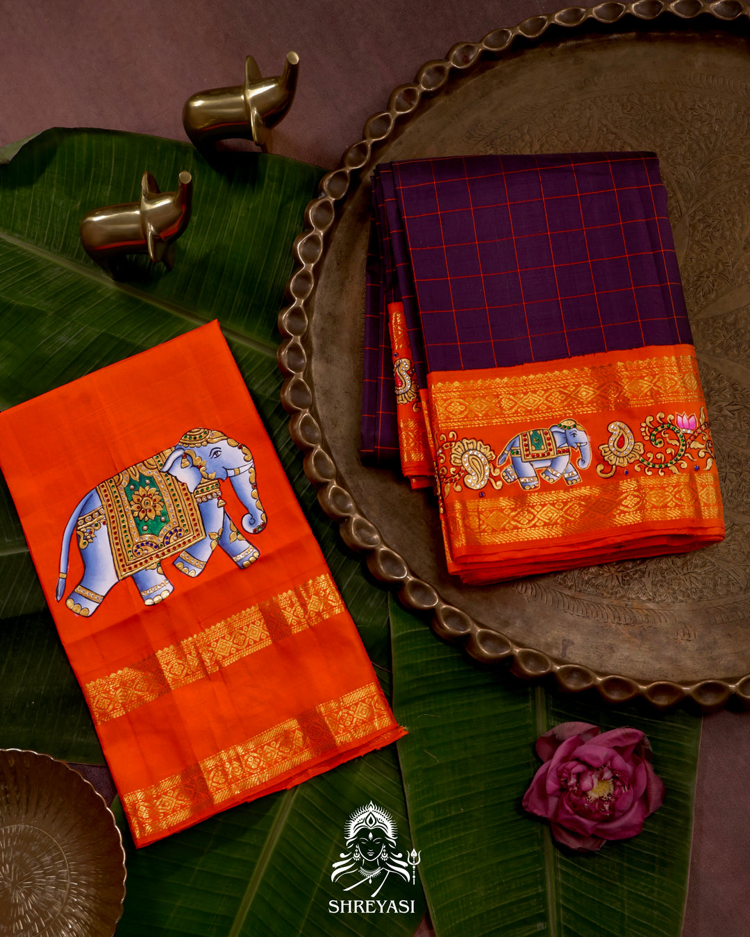 Handloom Pure Kanjivaram Silk Saree in Real Zari with Tanjore Yanai, Manga and Kamalam Artwork