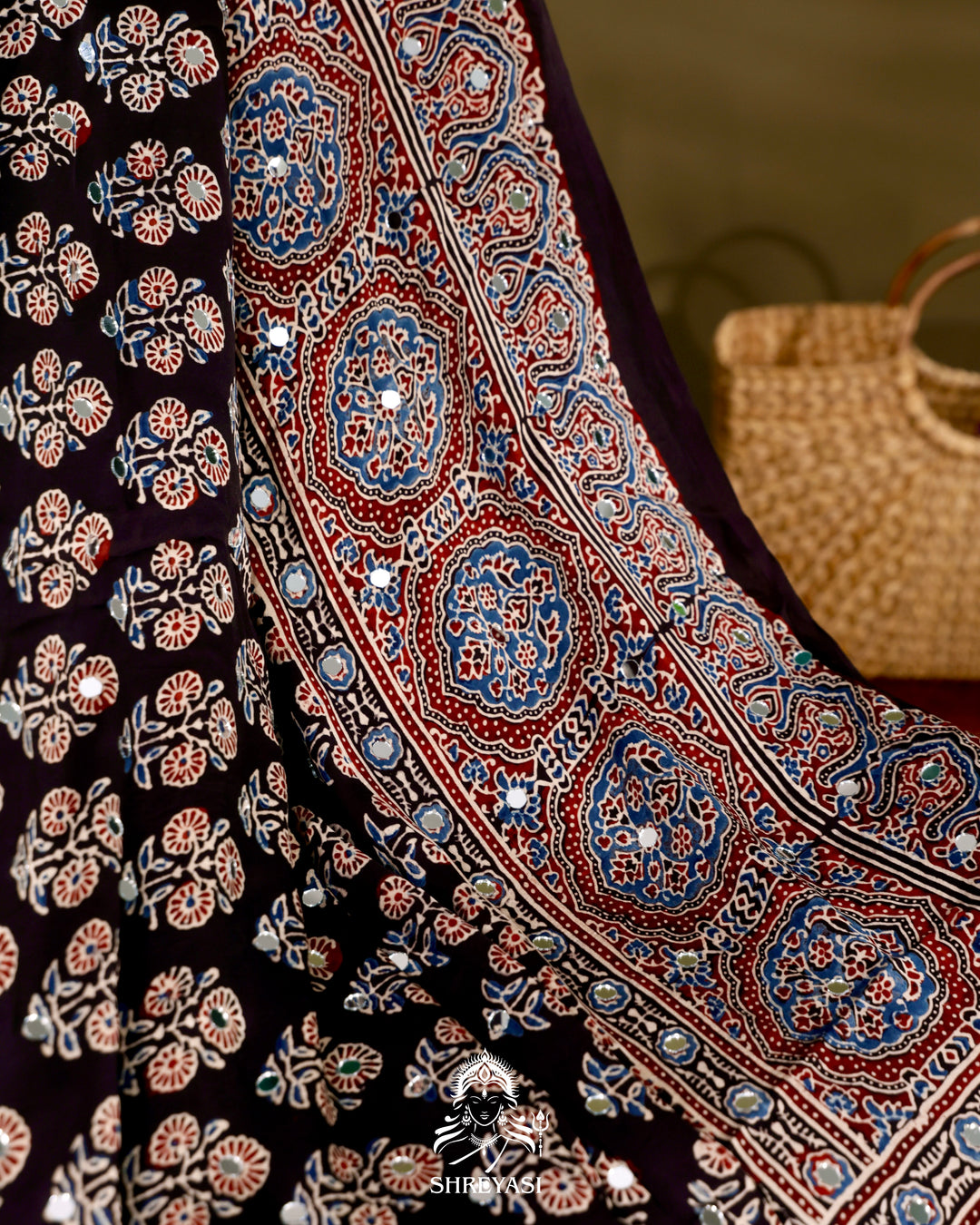 Ajrakh Hand Block Printed Pure Modal Silk Saree With Mirror Work