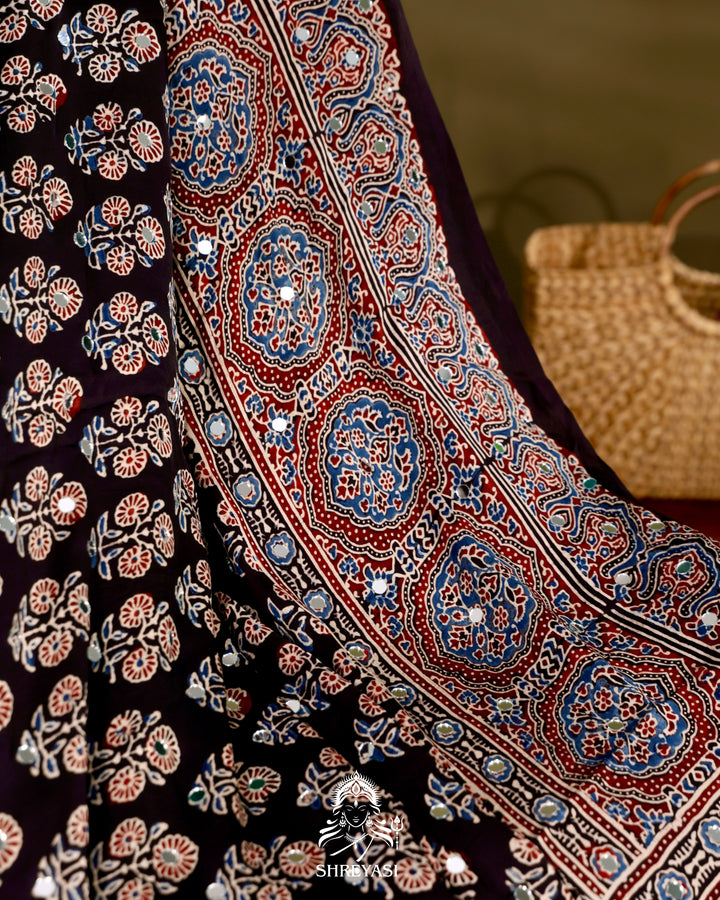 Ajrakh Hand Block Printed Pure Modal Silk Saree With Mirror Work