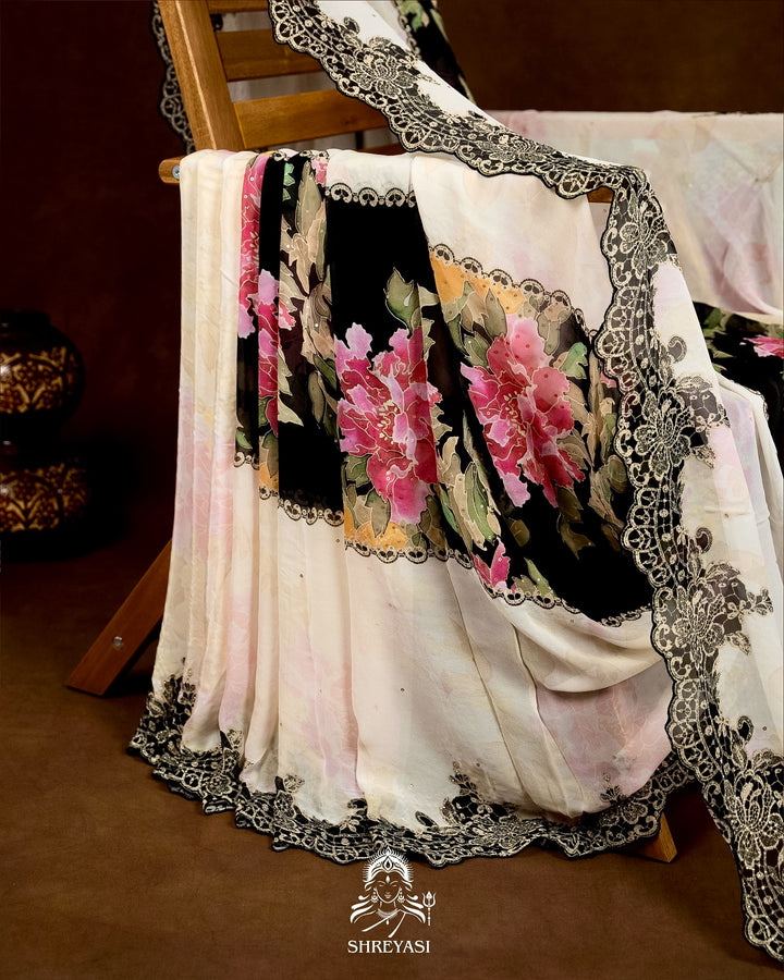 Pure Georgette Floral Saree with Chantilly Lace Embroidery Border