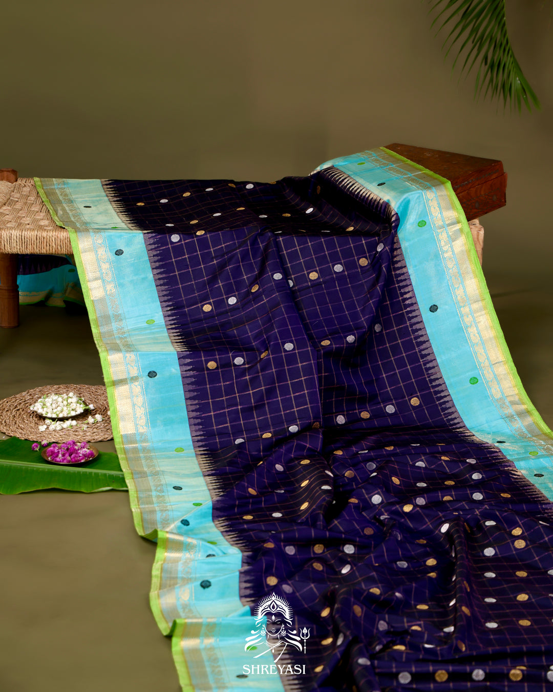 Handloom Pure Gadwal Silk Saree in Royal Blue with Aqua Tissue Borders