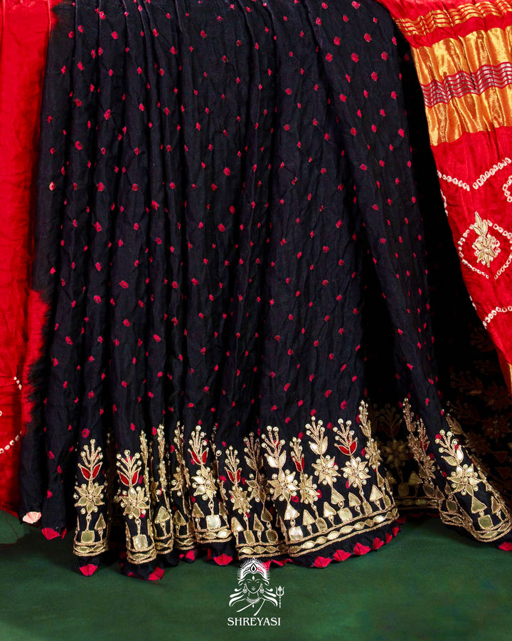 Handloom Pure Gaji Silk Saree with Hand-Knotted Bandhej, Gharchola Pallu & Heavy Gota Patti Embroidery