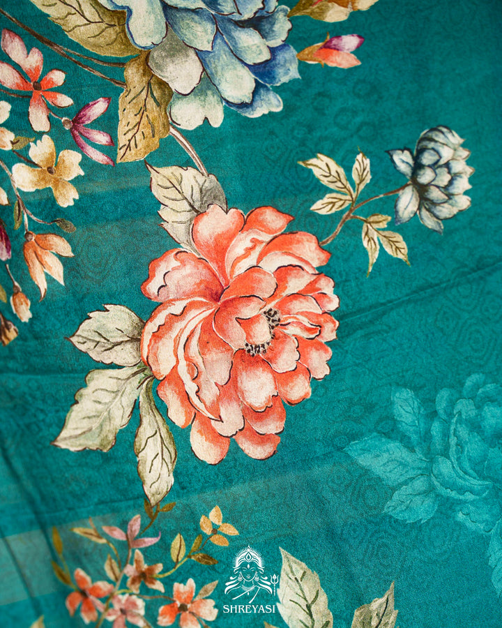 Floral Crepe Chiffon Saree with Embroidered Borders