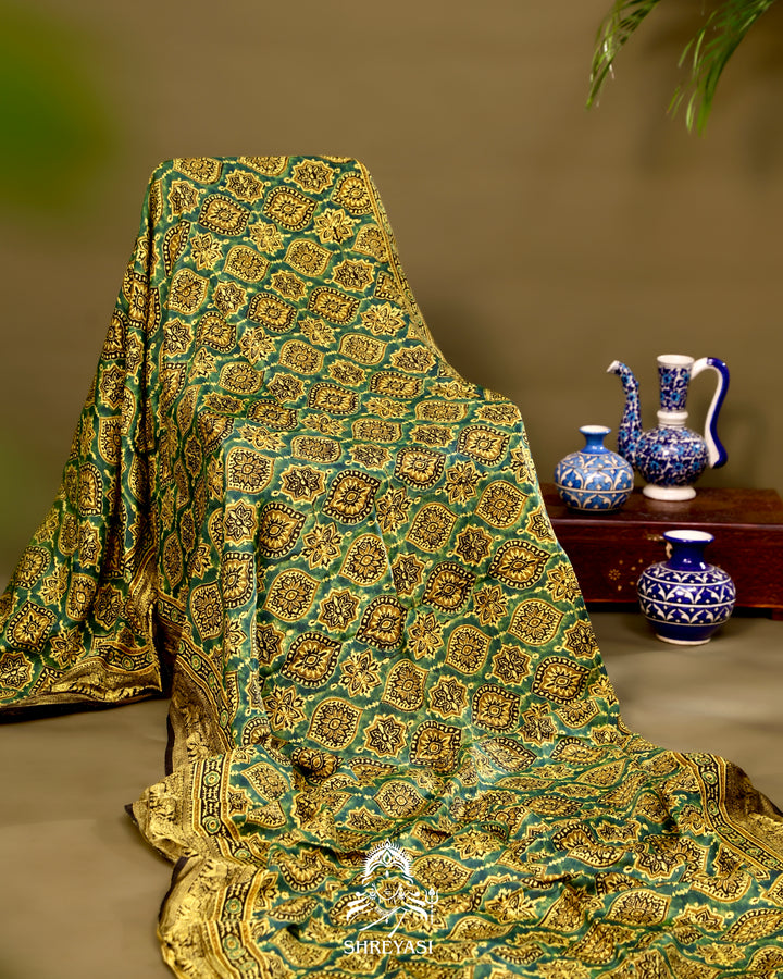 Hand Block Printed Ajrakh Dola Silk Saree with Zari Brocade Blouse