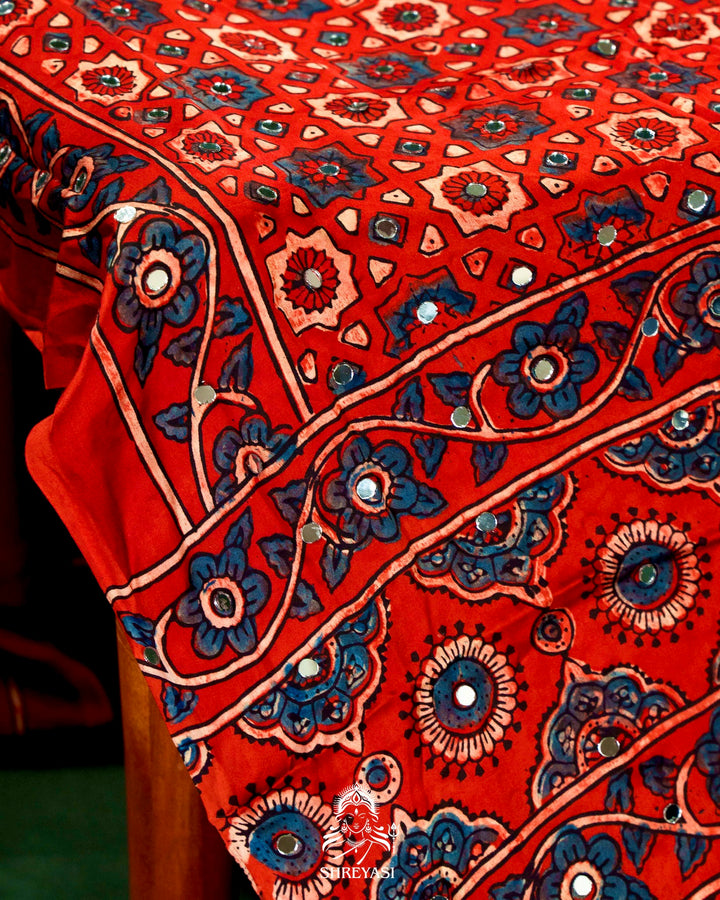 Mirror Work Pure Modal Silk Ajrakh Hand Block Printed Saree | Naturally Dyed Artisan Collection