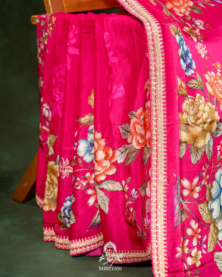 Floral Crepe Chiffon Saree with Embroidered Borders